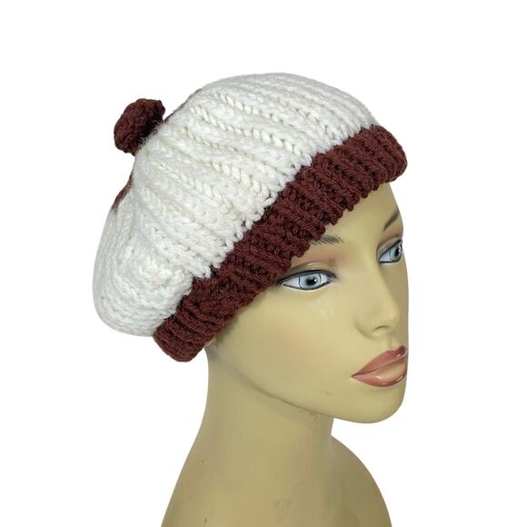 Vintage 70s Crochet Knit Beret w/ Pom Cream Maroon European Handmade Beatnik - Picture 4 of 9